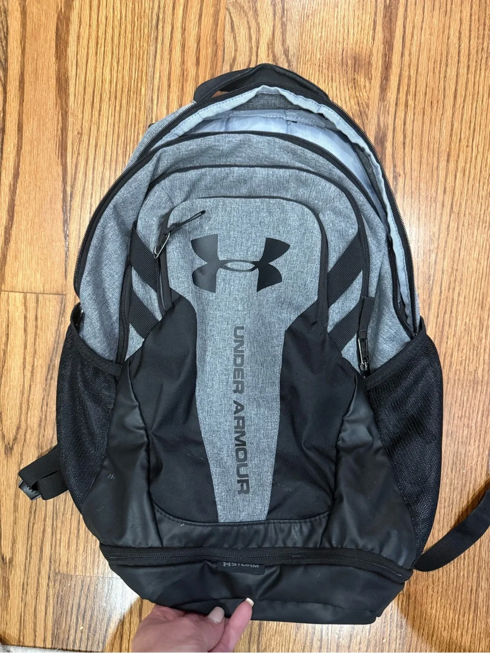 Under Armour Hustle Storm Backpack Gray Black Water-Resistant